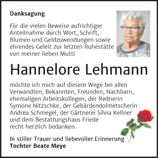 Traueranzeige von Hannelore Lehmann von Trauerkombi Dessau