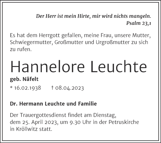 Traueranzeige von Hannelore Leuchte von Mitteldeutsche Zeitung Halle/Saalkreis