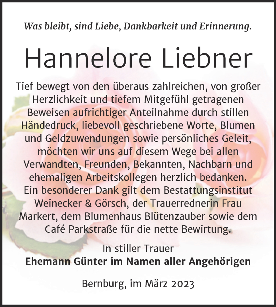  Traueranzeige für Hannelore Liebner vom 01.04.2023 aus Trauerkombi Bernburg
