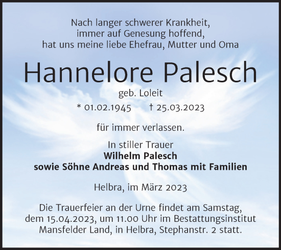 Traueranzeige von Hannelore Palesch von Trauerkombi Mansfelder Land