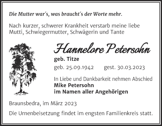Traueranzeige von Hannelore Petersohn von Trauerkombi Merseburg