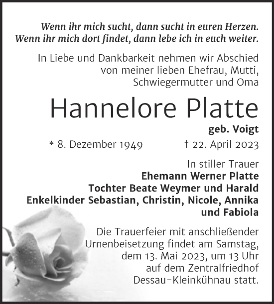 Traueranzeige von Hannelore Platte von Trauerkombi Dessau