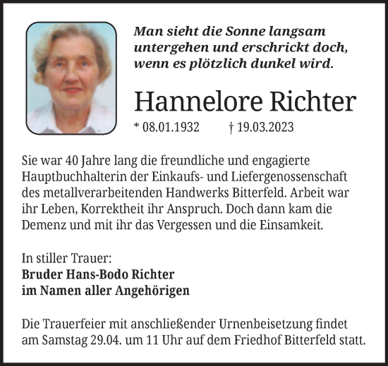 Traueranzeige von Hannelore Richter von Trauerkombi Bitterfeld