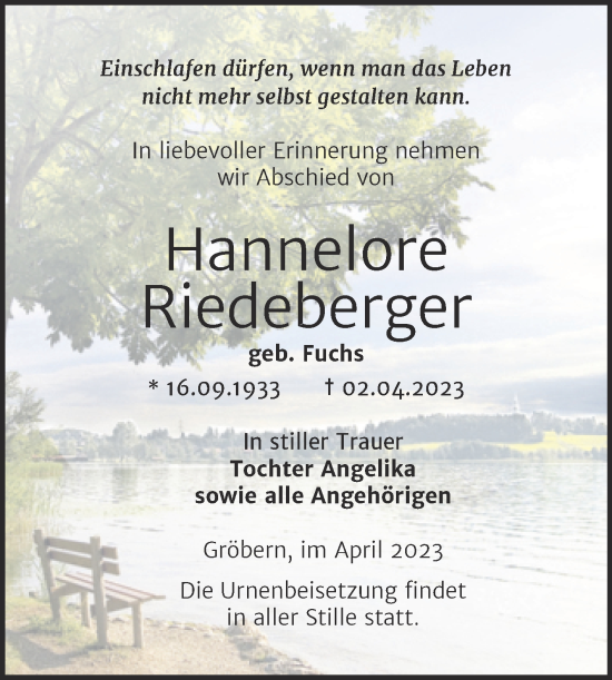 Traueranzeige von Hannelore Riedeberger von Trauerkombi Bitterfeld