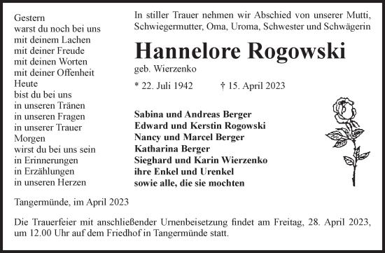 Traueranzeige von Hannelore Rogowski von Volksstimme Altmark Ost