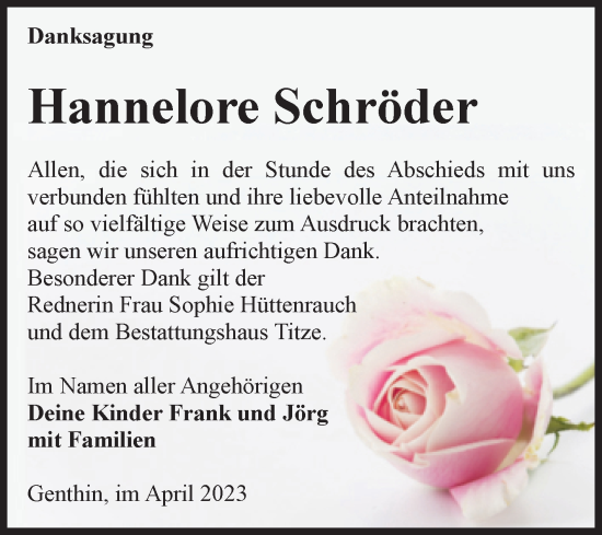 Traueranzeige von Hannelore Schröder von Volksstimme Burg/Genthin