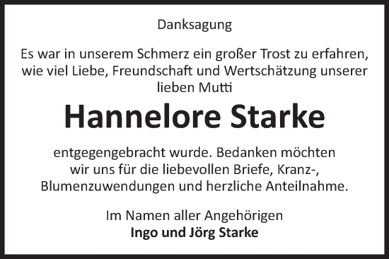 Traueranzeige von Hannelore Starke von Volksstimme Burg/Genthin