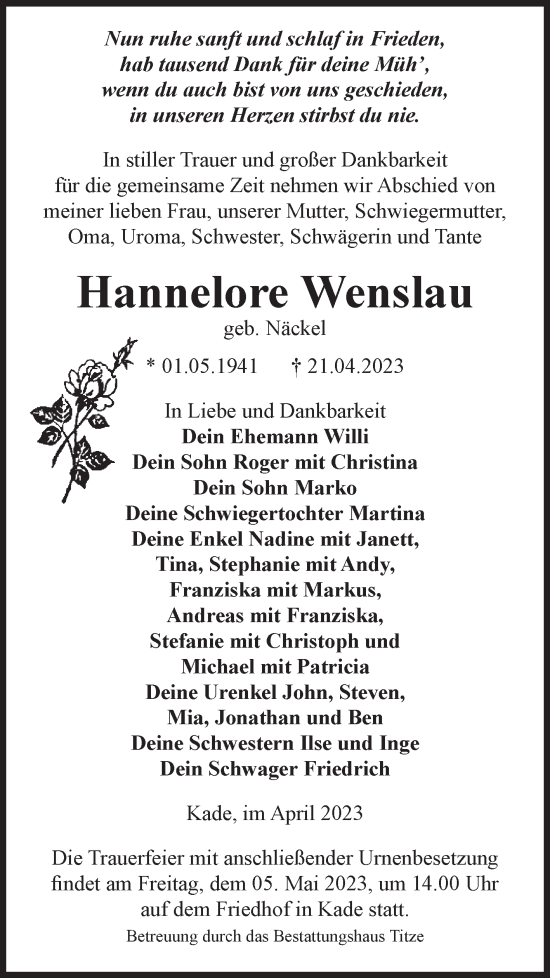 Traueranzeige von Hannelore Wenslau von Volksstimme Burg/Genthin