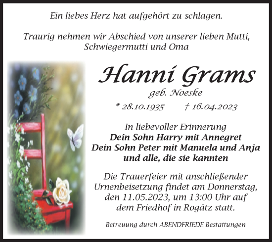 Traueranzeige von Hanni Grams von Volksstimme Haldensleben/Wolmirstedt