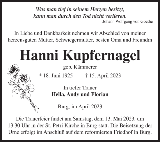 Traueranzeige von Hanni Kupfernagel von Volksstimme Burg/Genthin