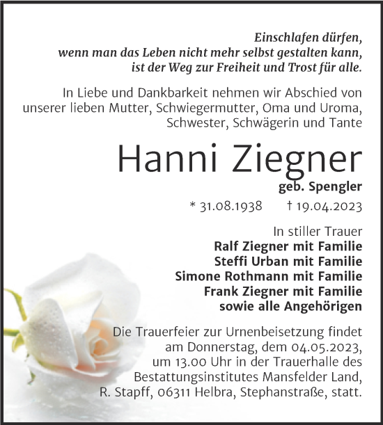 Traueranzeige von Hanni Ziegner von Trauerkombi Mansfelder Land