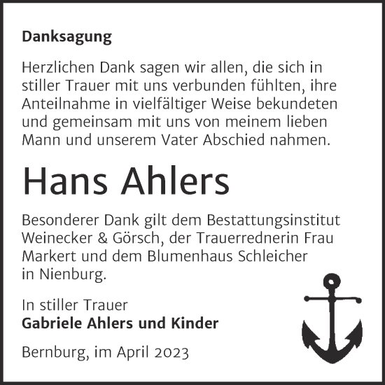 Traueranzeige von Hans Ahlers von Trauerkombi Bernburg