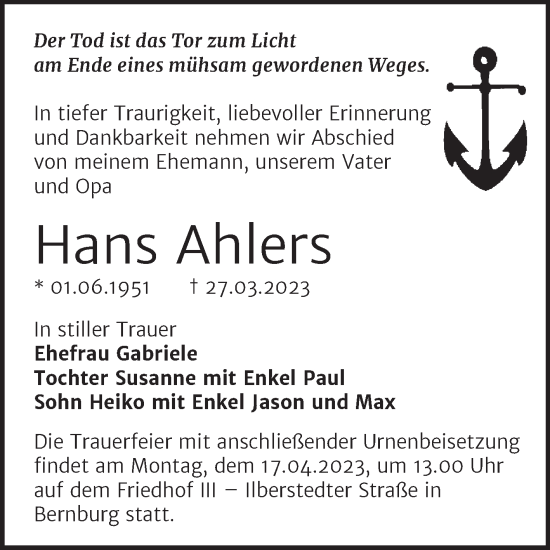 Traueranzeige von Hans Ahlers von Trauerkombi Bernburg
