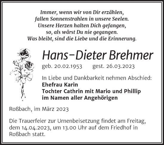 Traueranzeige von Hans-Dieter Brehmer von Trauerkombi Merseburg