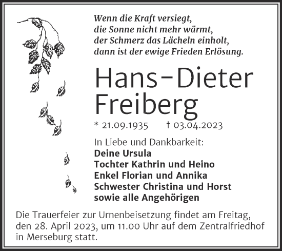 Traueranzeige von Hans-Dieter Freiberg von Mitteldeutsche Zeitung Merseburg/Querfurt
