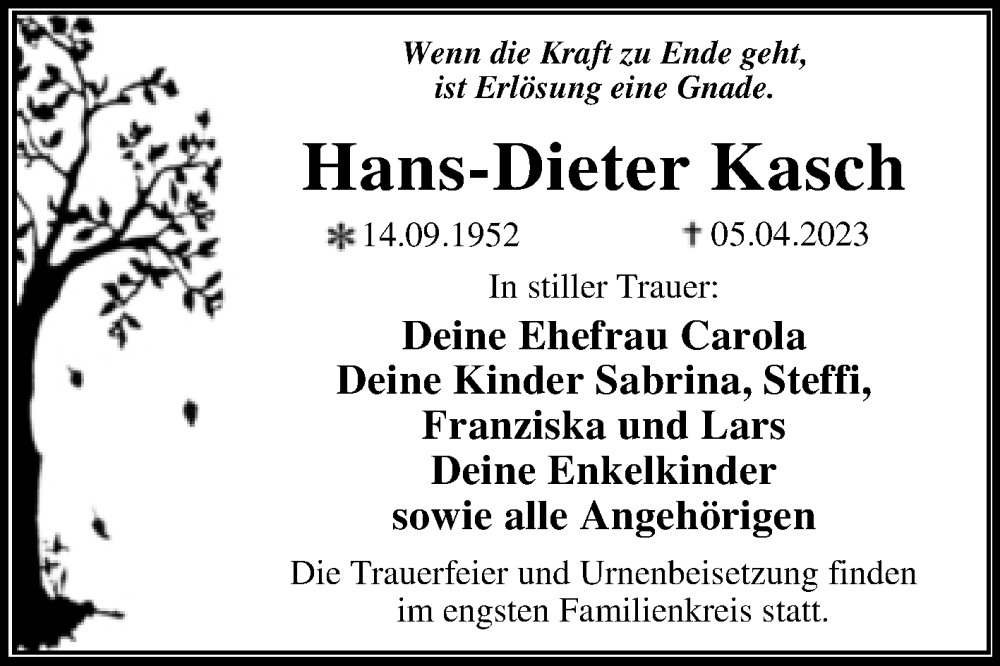  Traueranzeige für Hans-Dieter Kasch vom 15.04.2023 aus Trauerkombi Dessau