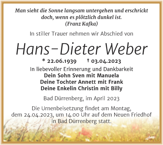Traueranzeige von Hans-Dieter Weber von Trauerkombi Merseburg