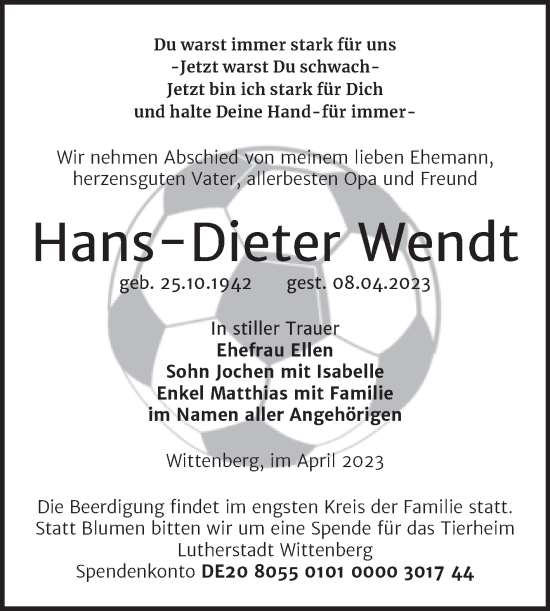 Traueranzeige von Hans-Dieter Wendt von Mitteldeutsche Zeitung