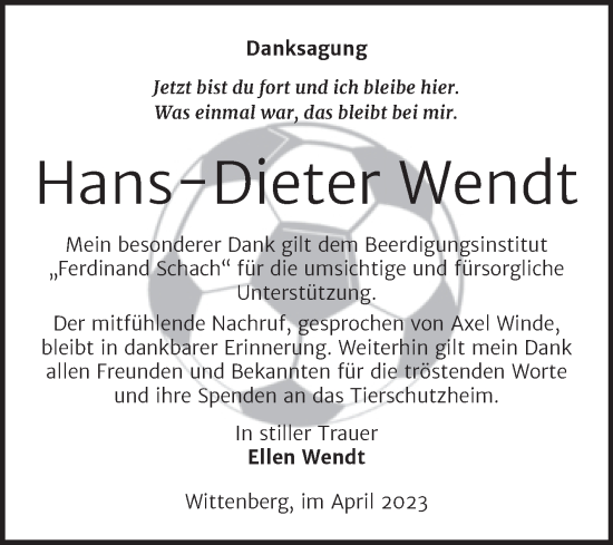 Traueranzeige von Hans-Dieter Wendt von Trauerkombi Wittenberg