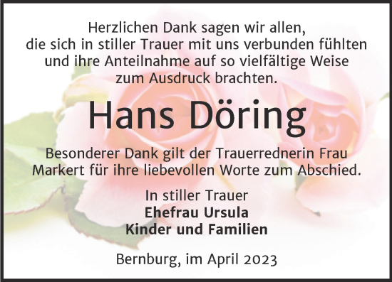 Traueranzeige von Hans Döring von Trauerkombi Bernburg