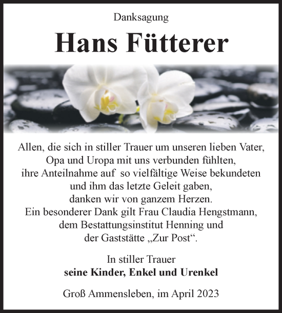 Traueranzeige von Hans Fütterer von Volksstimme Haldensleben/Wolmirstedt