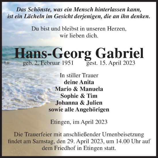 Traueranzeige von Hans-Georg Gabriel von Volksstimme Haldensleben/Wolmirstedt
