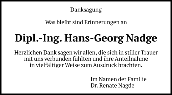 Traueranzeige von Hans-Georg Nadge von Volksstimme Magdeburg