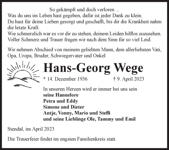 Traueranzeige von Hans-Georg Wege von Volksstimme Altmark Ost