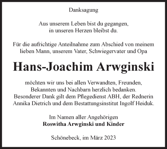 Traueranzeige von Hans-Joachim Arwginski von Volksstimme Schönebeck