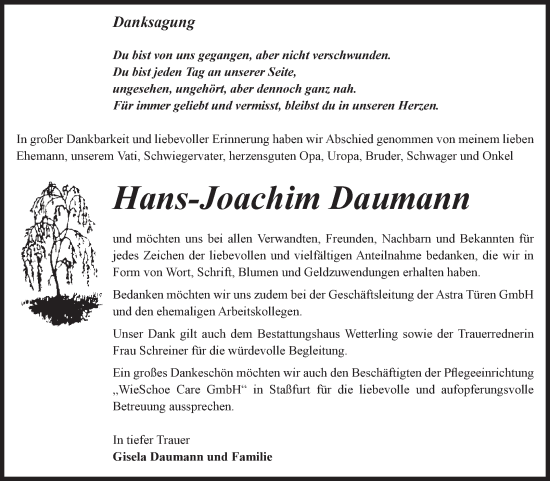 Traueranzeige von Hans-Joachim Daumann von Volksstimme Staßfurt