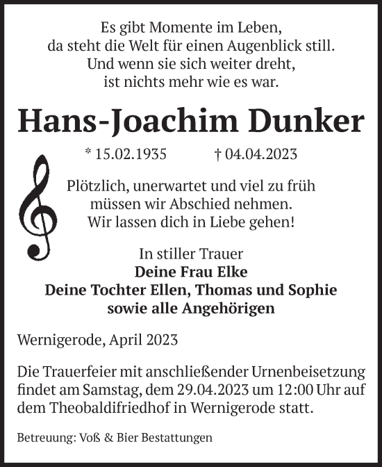 Traueranzeige von Hans-Joachim Dunker von Volksstimme Wernigerode