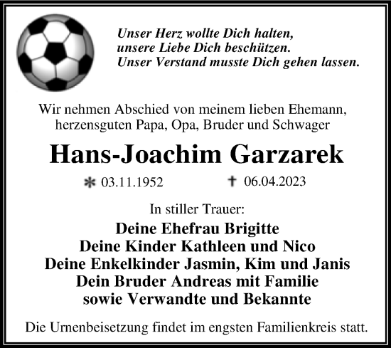 Traueranzeige von Hans-Joachim Garzarek von Trauerkombi Wittenberg
