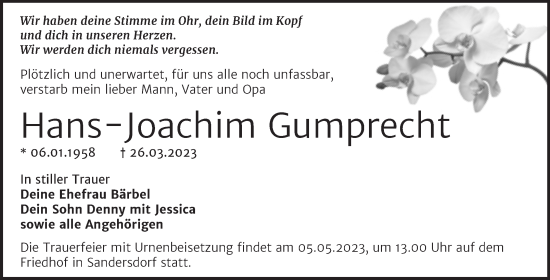 Traueranzeige von Hans-Joachim Gumprecht von Trauerkombi Bitterfeld