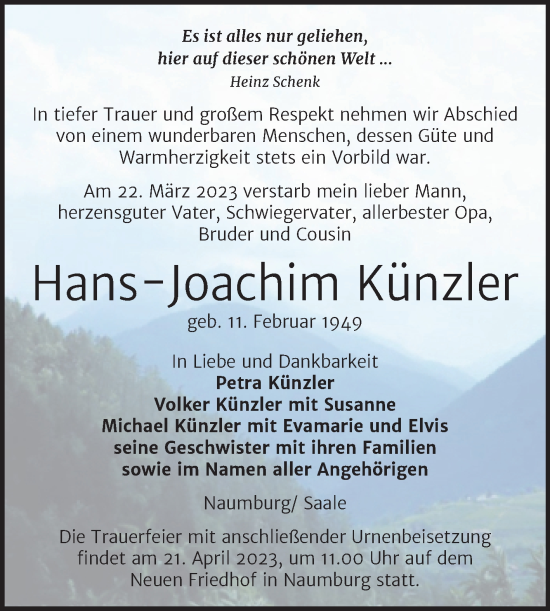 Traueranzeige von Hans-Joachim Künzler von Wochenspiegel Naumburg/Nebra