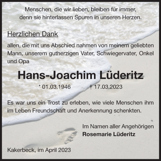 Traueranzeige von Hans-Joachim Lüderitz von Volksstimme Altmark West