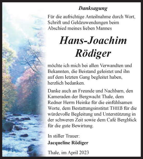 Traueranzeige von Hans-Joachim Rödiger von Trauerkombi Quedlinburg