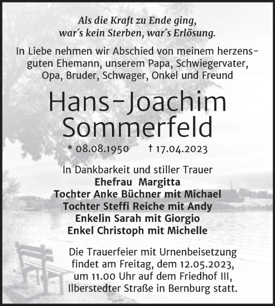Traueranzeige von Hans-Joachim Sommerfeld von Trauerkombi Bernburg