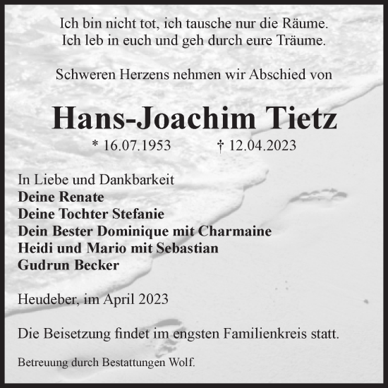 Traueranzeige von Hans-Joachim Tietz von Volksstimme Wernigerode