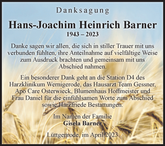Traueranzeige von Hans-Joachim Heinrich Barner von Volksstimme Halberstadt
