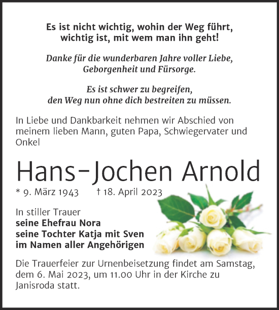 Traueranzeige von Hans-Jochen Arnold von Wochenspiegel Naumburg/Nebra
