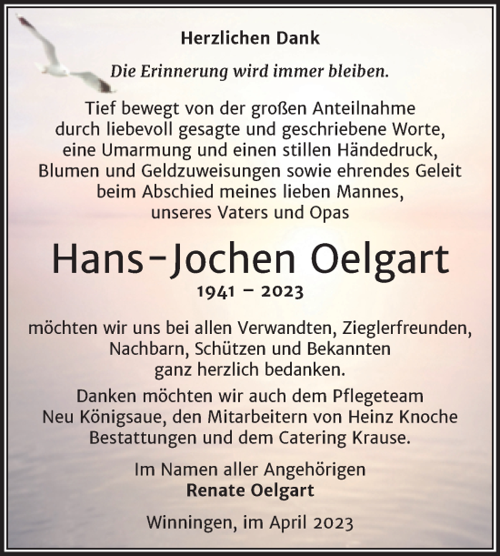 Traueranzeige von Hans-Jochen Oelgart von Trauerkombi Aschersleben