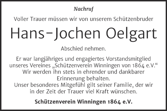 Traueranzeige von Hans-Jochen Oelgart von Trauerkombi Aschersleben