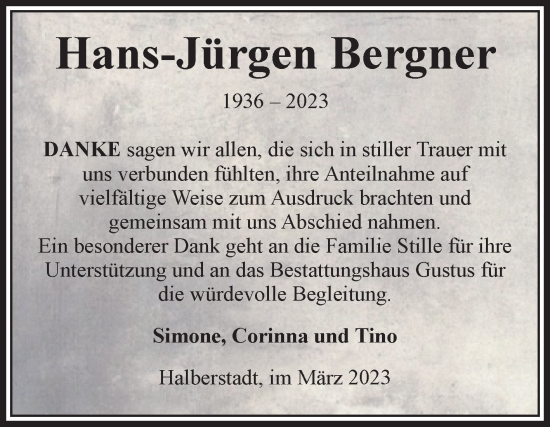 Traueranzeige von Hans-Jürgen Bergner von Volksstimme Halberstadt