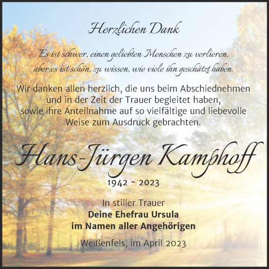 Traueranzeige von Hans-Jürgen Kamphoff von Trauerkombi Weißenfels