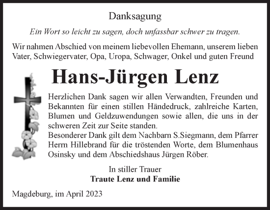Traueranzeige von Hans-Jürgen Lenz von Volksstimme Magdeburg