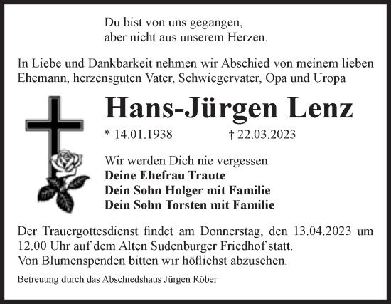 Traueranzeige von Hans-Jürgen Lenz von Volksstimme Magdeburg