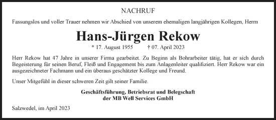 Traueranzeige von Hans-Jürgen Rekow von Volksstimme Altmark West