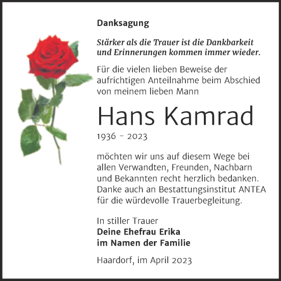 Traueranzeige von Hans Kamrad von Trauerkombi Zeitz