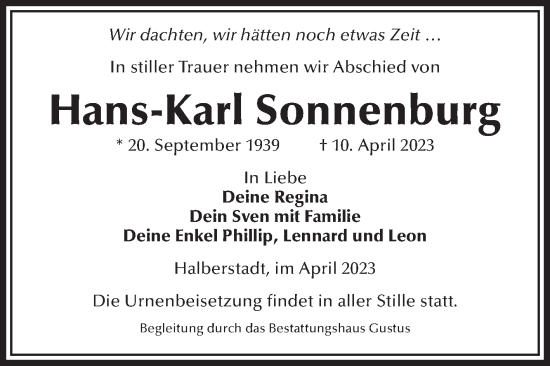 Traueranzeige von Hans-Karl Sonnenburg von Volksstimme Halberstadt