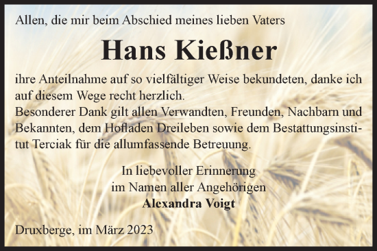 Traueranzeige von Hans Kießner von Volksstimme Oschersleben/Wanzleben